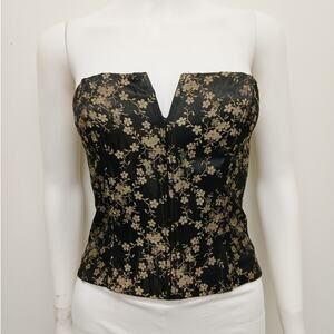 Vintage Scott McClintock Strapless Corset Bustier Top 6P Black Gold Floral Y2K
